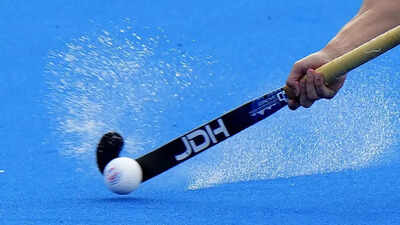 Intense action shot from a hockey match